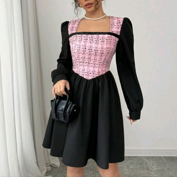 Elegant Square Neck Patchwork Shoulder Fitted Waist A-Line Short Dress For Women - Picture 3 of 5